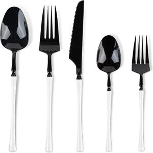 Blue Sky Infinity Flatware Deluxe Black & White Combo - 40 Count | Premium Disposable Plastic Cutlery Set with 8 Dinner Forks, 8 Salad Forks, 8 Knives, 8 Soup Spoons, and 8 Teaspoons (7.5" x 1.25")