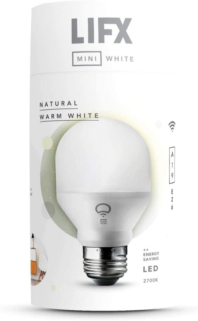LIFX Mini White (A19) Wi-Fi Smart LED Light Bulb, Dimmable, Warm White, No Hub Required, Works with Alexa, Apple HomeKit and the Google Assistant,9 watts (1 Count (Pack of 1))