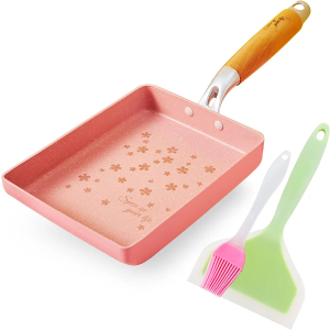 ROCKURWOK Tamagoyaki Japanese Omelette Pan, Nonstick Tamagoyaki Egg Pans, Rectangle Tamago Pans Small Frying Pan with Silicone Spatula Brush, 7” x 5”, Pink