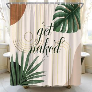 Mid Century Boho Shower Curtain Green Leaves Plant Simple Arch Modern Art Bathroom Home Decor(70 '' Wx70 '' L)