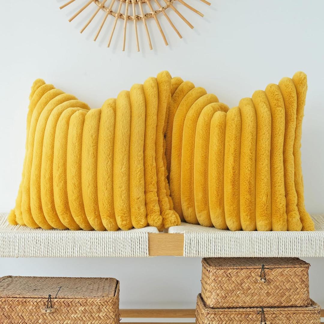 JOJUSIS Pack of 2 Faux Fur Plush Decorative Throw Pillow Covers Couch Cushion Case Soft Pillowcases (Mustard Yellow, 18 x 18-Inch)
