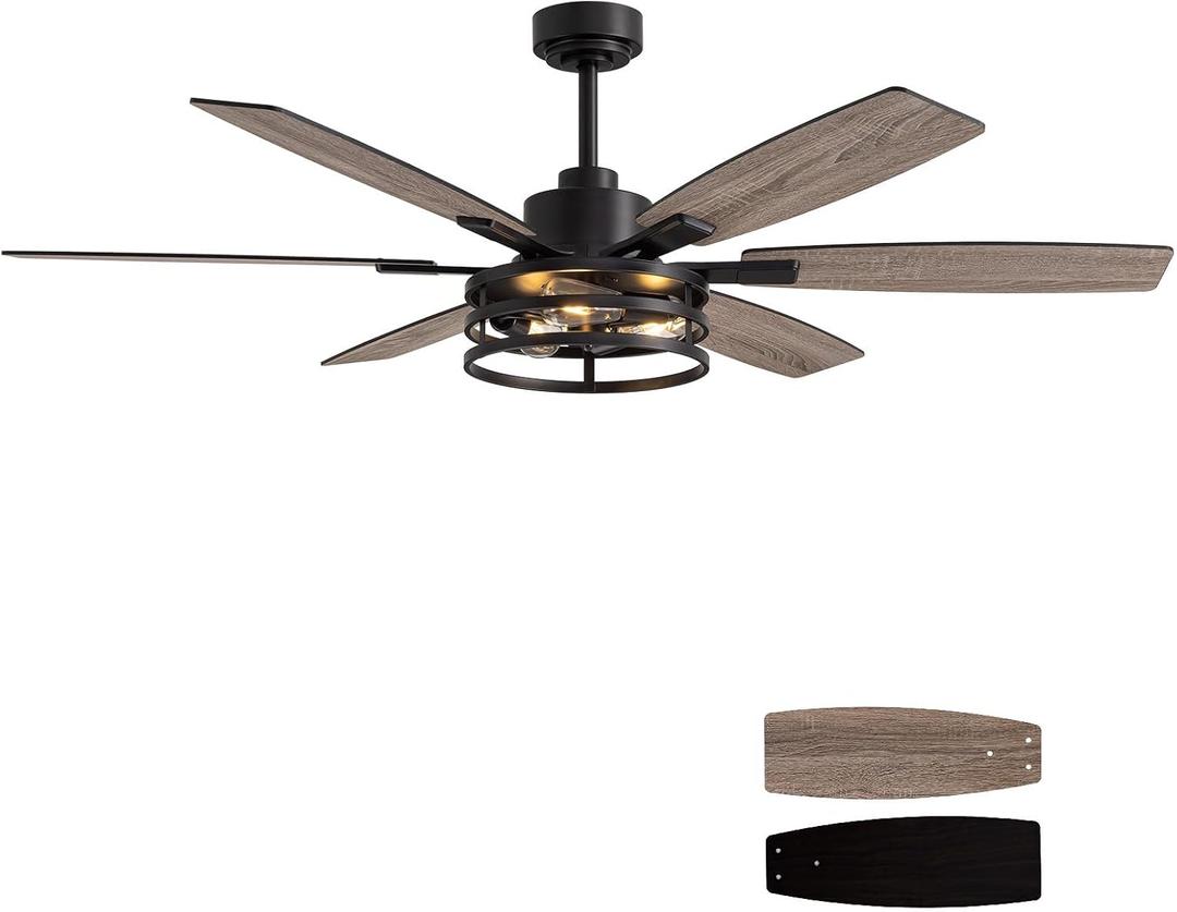 LuminFan 60 Inch Ceiling Fans with Lights and Remote Control, Farmhouse Ceiling Fan for Bedroom Living Room and Patio, Black Caged Ceiling Fan for Indoor and Outdoor