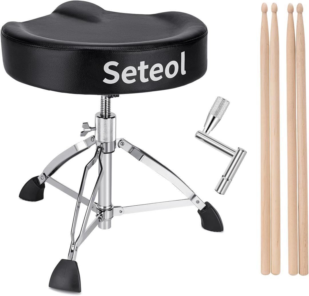 Heavy Duty Drum Throne 330 lbs, Saddle Drum Stool Height Adjustable, Ergonomic Thick Padded Drum Seat with 2 Pairs 5A Drumsticks & Drum Key for Adult Drummers