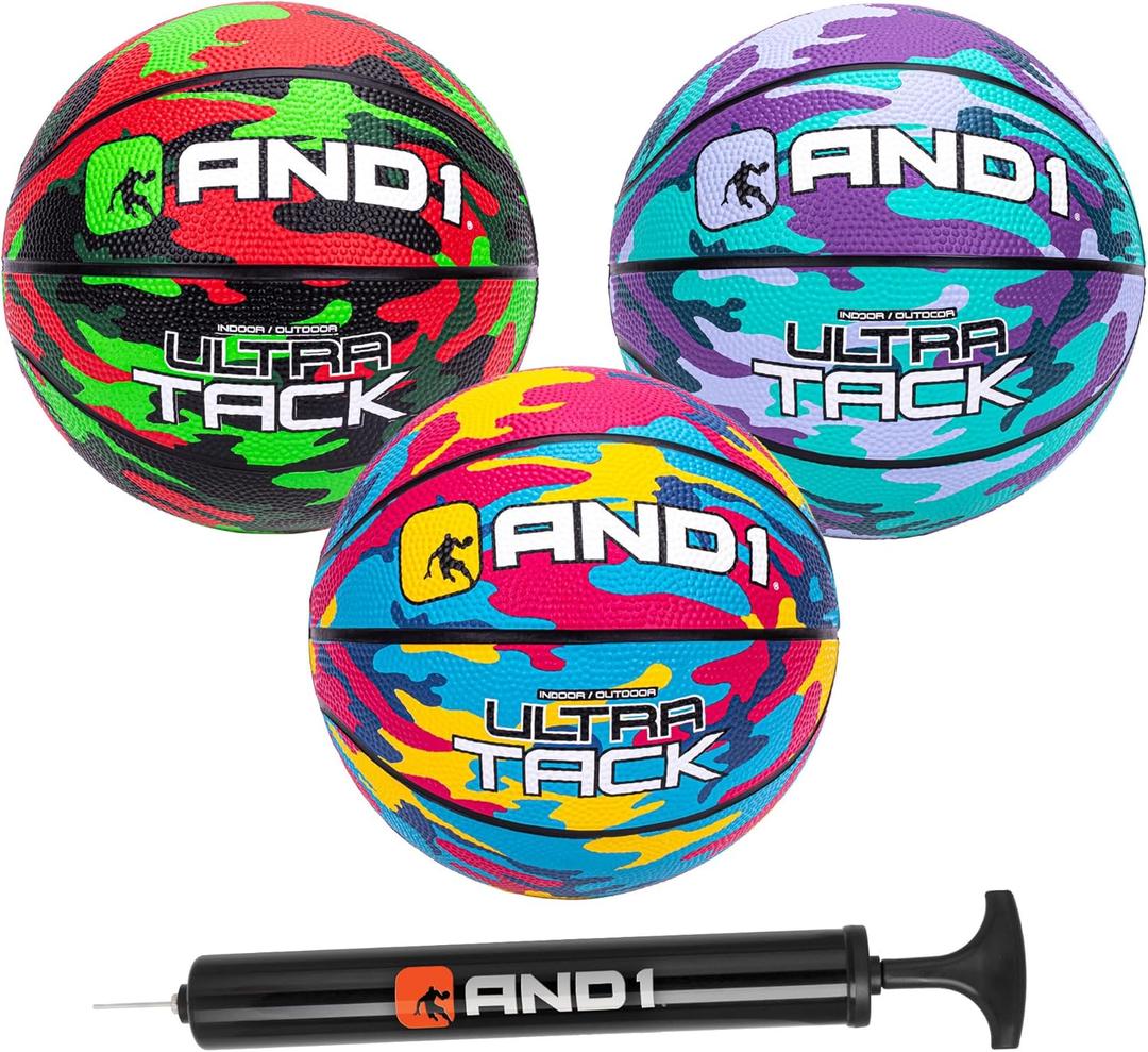 AND1 Mini Basketball 3 Pack Set for Kids (Deflated w/Pump Included): - Size 3 7-Inch Premium Youth Size Basketballs, Easy to Grip (Neon Camo)