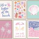 Pink Beach Preppy Wall Art Coastal Granddaughter Aesthetic Room Canvas Posters Colorful Coastal Seashell Pictures Prints Abstract Beach Painting Wall Decor for Girls Room Girls Dorm Home Unframed (10"l X 8"w)