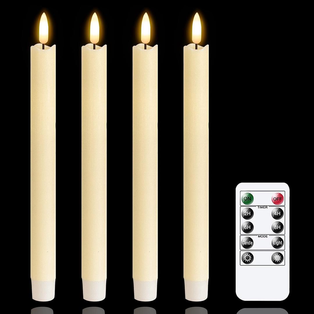 LED Flameless Taper Candles with Remote Timer,Ivory Battery Operated Flickering Window Candles,Pack of 4 Real Wax Warm Fire 3D-Wick Flameless Candlesticks,Home Wedding Decor '0.78 x 9.64'