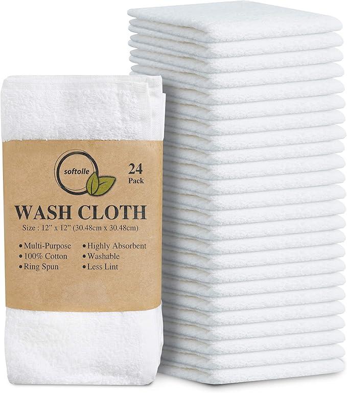 100% Cotton Washcloths 24 Pack (12x12 Inches) Soft, Highly Absorbent Washcloth, Face Towels, Wash Cloths for Face, Ring Spun, Bulk Pack (White)