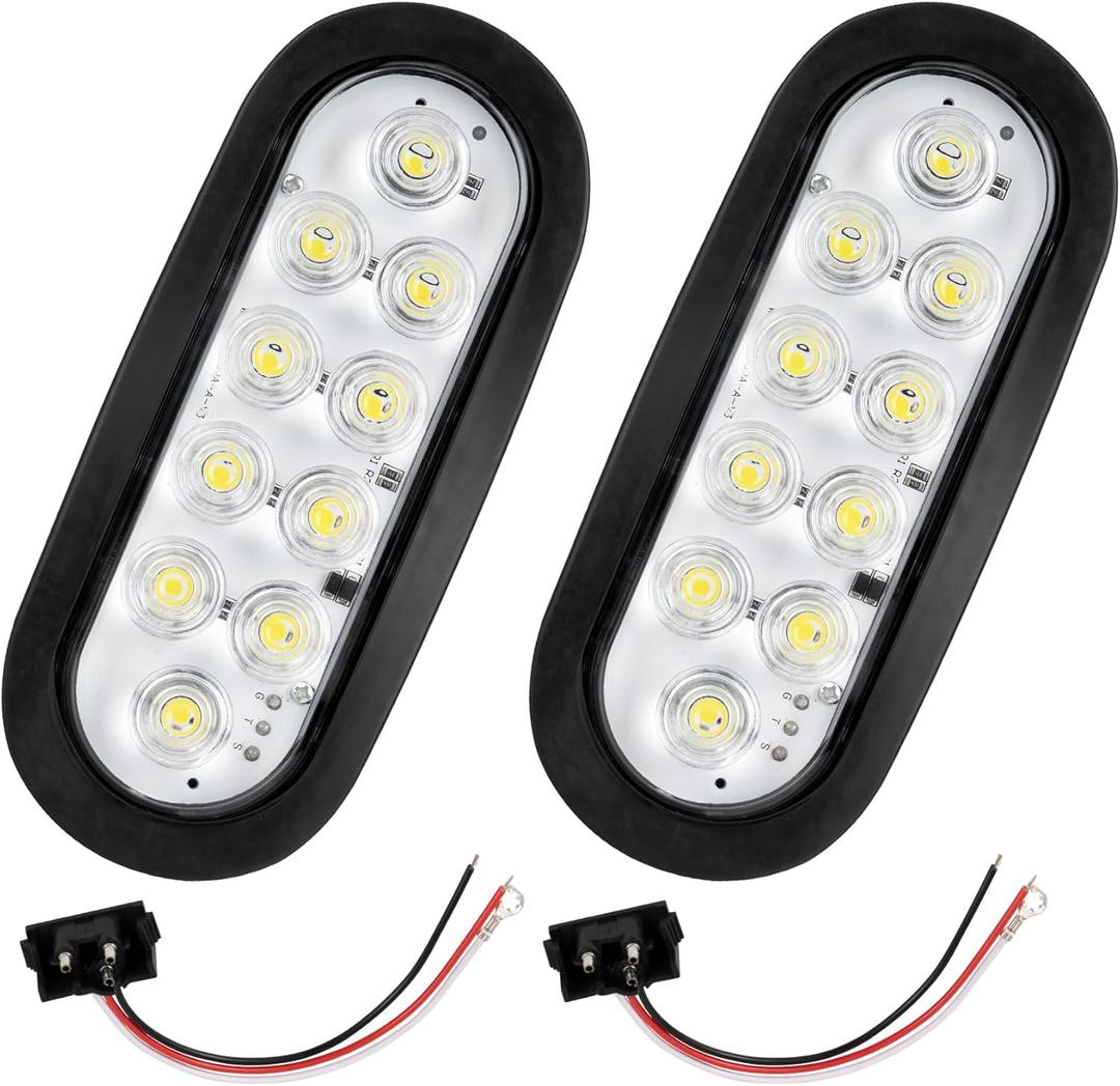 2 Pack 6-Inch Oval White LED Trailer Tail Lights, 10 LEDs with Clear Lens, Waterproof Surface-Mount Kit & IP67 Rating for Trucks/RVs/Trailers/Buses (white)