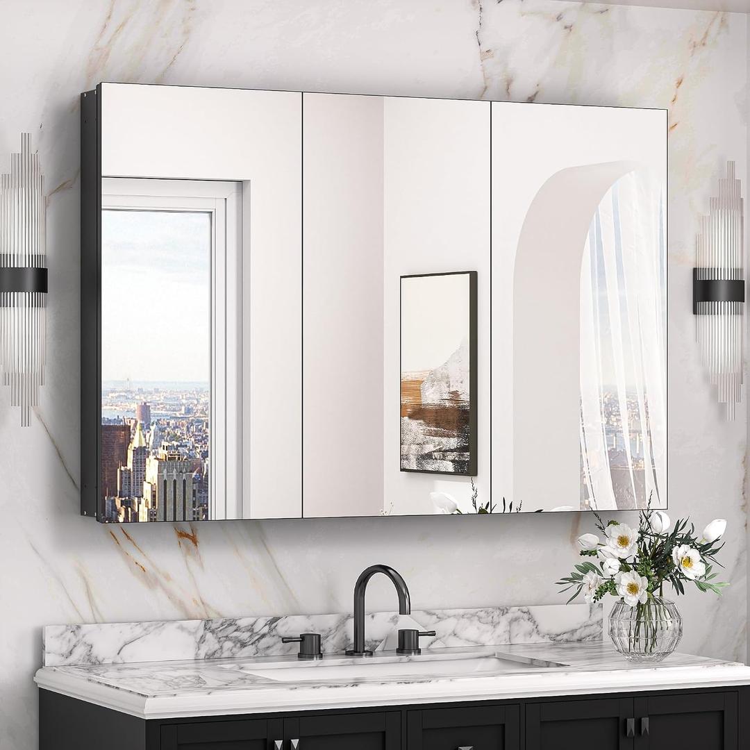 Keonjinn 48 x 32 Inch Oversized Medicine Cabinet for Bathroom with Mirror, Assembly Required, Black Aluminum Structure, Free Adjustable Shelves, Combined Recessed or Surface Mount Wall Cabinet