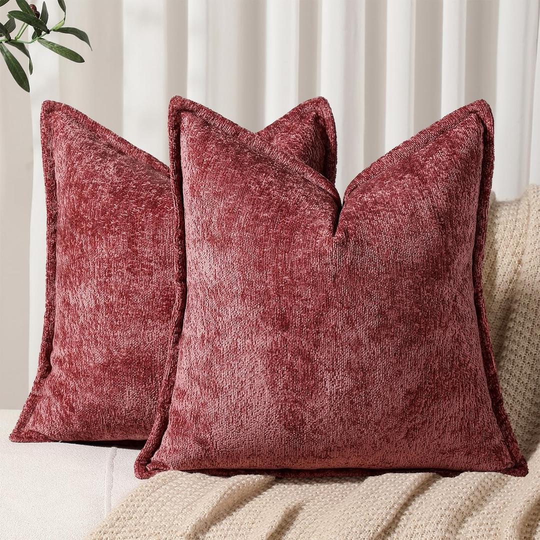 DEZENE Pack of 2 Christmas Burgundy Fall Euro Shams Pillow Covers 26x26 Cozy Soft Chenille Decorative Throw Pillow Covers Accent Vintage Square Couch Pillow Covers for Home Decor Bed Sofa Living Room