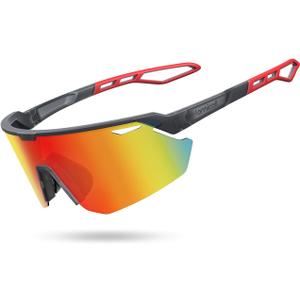 Lamicall 24g Polarized Sports Sunglasses for Men Women - UV400 Protection Sun Glasses Gifts for Running Cycling Baseball (Black Frame-Red Lens)