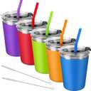 Kids Cups with Lids and Straws, 12oz Kids Tumblers with Straws and Lids Spill Proof Cups for Kid Stainless Steel Sippy Cup for School, Outdoor, 5 Pack (Blue, Green, Orange, Purple, Red)