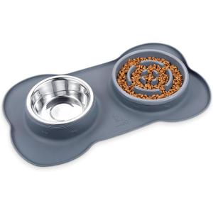 Pecute Slow Feeder Dog Bowls to Slow Down Eating, Dog Bowl Slow Feeder with No-Spill Non-Skid Silicone Mat, Food-Grade Safe Dog Food Bowls Slow Feeder, Stainless Steel Dog Water Bowl for Dogs Cats (Large-2 Cup/17 oz each, Grey)