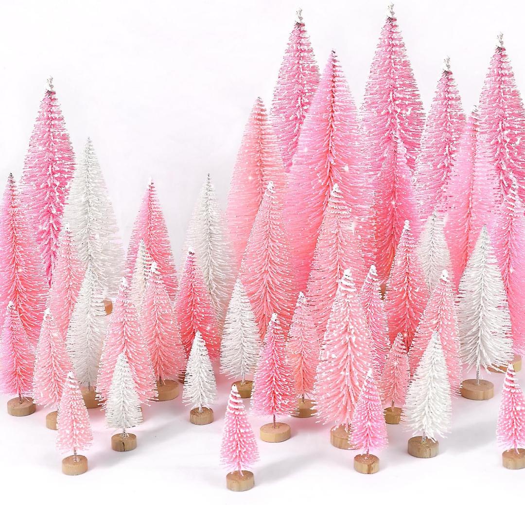 Mini Christmas Trees Artificial Christmas Tree Bottle Brush Trees with Wooden Base for Christmas Decor Christmas Party Home Table Craft Decorations(Pink+White)