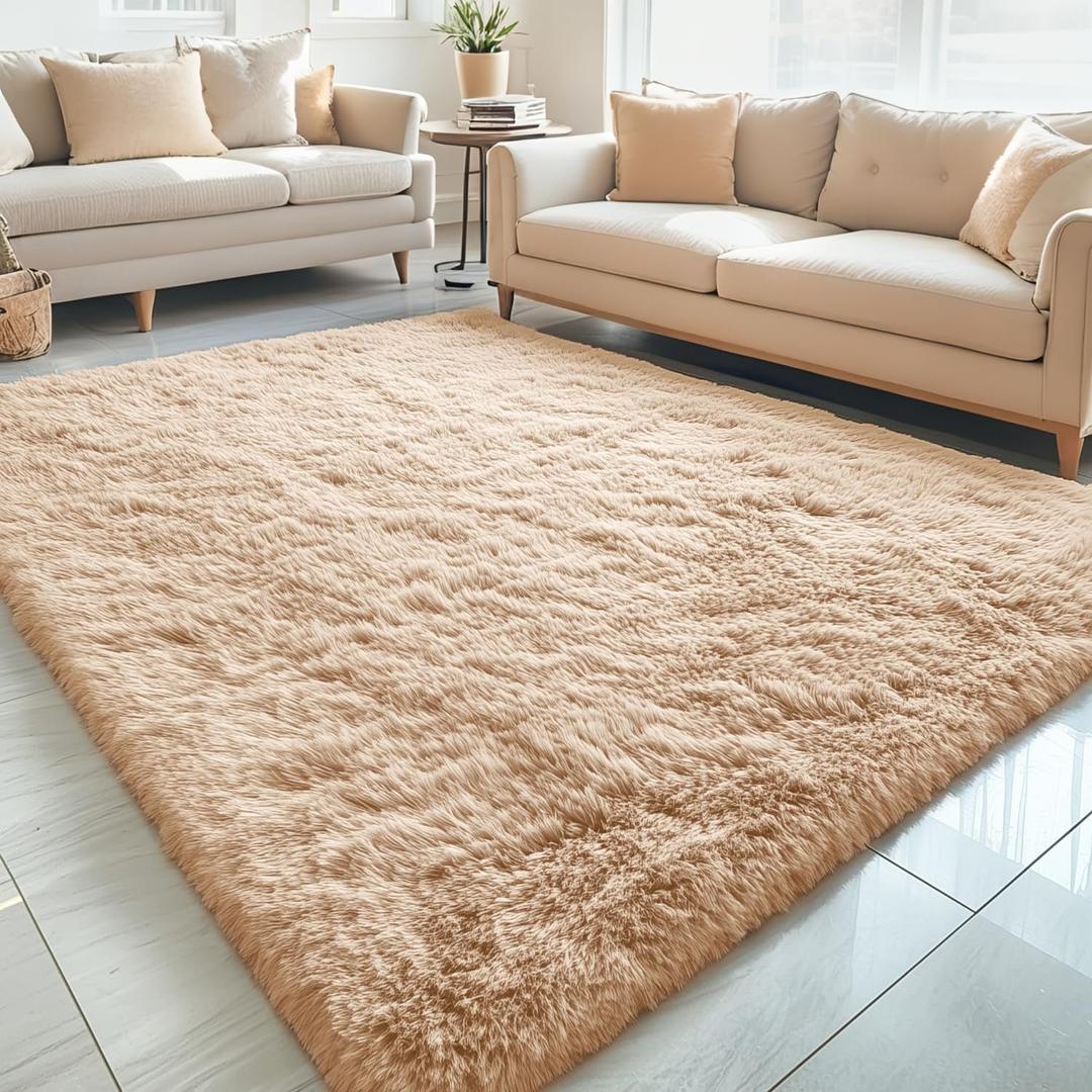 OLANLY Machine Washable Large Area Rugs for Living Room, Bedroom, Soft Fluffy Shaggy Bedside Rug, Indoor Floor Carpet for Kids Girls and Boys, Dorms, Nursery, Home Decor Aesthetic, Beige  5x7 