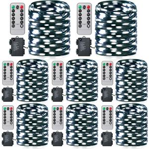 8 Pack Battery Operated String Lights 16.4 ft Fairy Lights 50 LED with Auto Timer Dark Green Copper Wire Twinkle for Indoor Outdoor Christmas Trees Wreath Decoration Patio Bedroom (White)