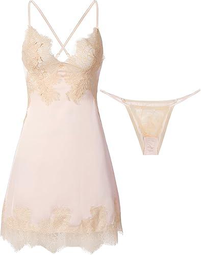 Lilosy Sexy Silk Lace Up Backless Satin Applique Floral Lace Babydoll Lingerie Dress with Tong 2 Piece BEige, XS