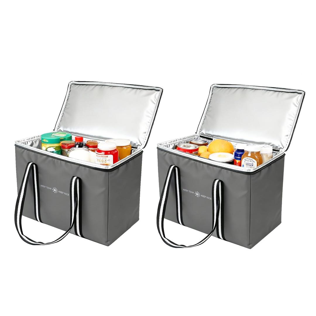 2 Insulated Reusable Grocery Bags with Zippered Top - Heavy Duty Foldable Shopping Tote Bags for Food Delivery, Collapsible Thermal Cooler Bag for Hot Cold Groceries