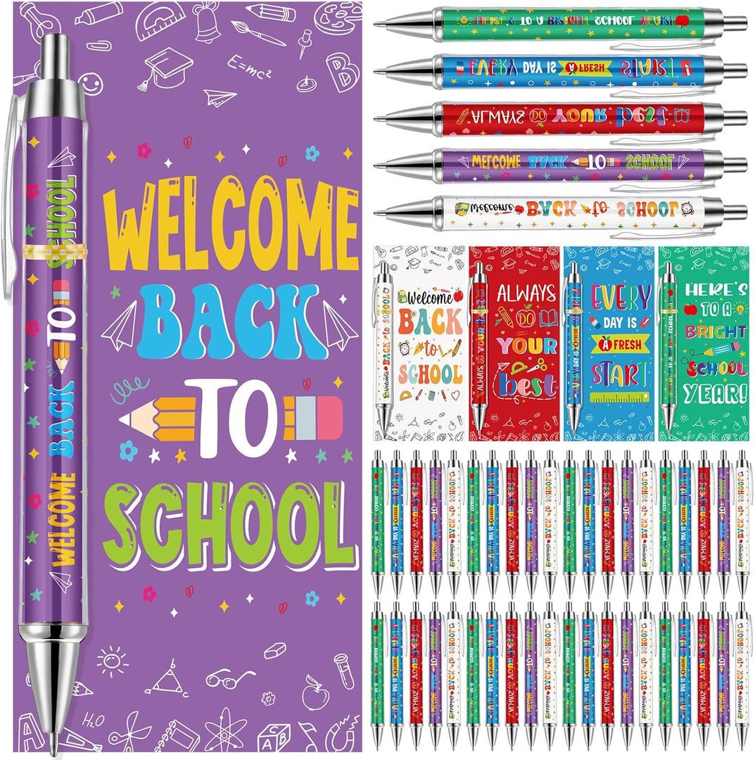 Jetec 50 Sets Back to School Ballpoint Pens Click Retractable Gift Prizes Include 50 Ballpoint Pens 50 Cards 50 Bags 50 Ties for Party Favors Office Teacher School Exchange