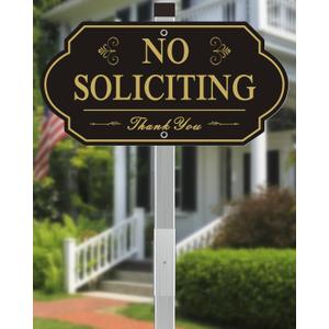 Heavy Duty No Soliciting Sign for House - All Metal Construction No Soliciting Yard Sign - 14" x 7" - Aluminum - with 28" Stake (Gold)