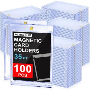 100ct Magnetic Trading Card Holders: 35pt One Touch Card Holder, U-V Protection Hard Plastic Magnetic Cards Case for Sports Game, Football, Baseball Cards - Ultra Slim