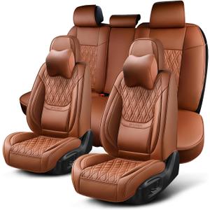 Car Seat Covers Full Set, Breathable Leather Automotive Front and Rear Seat Covers & Headrest, Universal Automotive Vehicle Seat Cover for Most Sedan SUV Pick-up Trucks, Brown