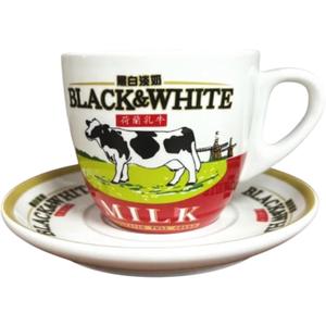 Black & White Milk Themed Tea Cup and Saucer Set, Ceramic, Decorative Cow Design