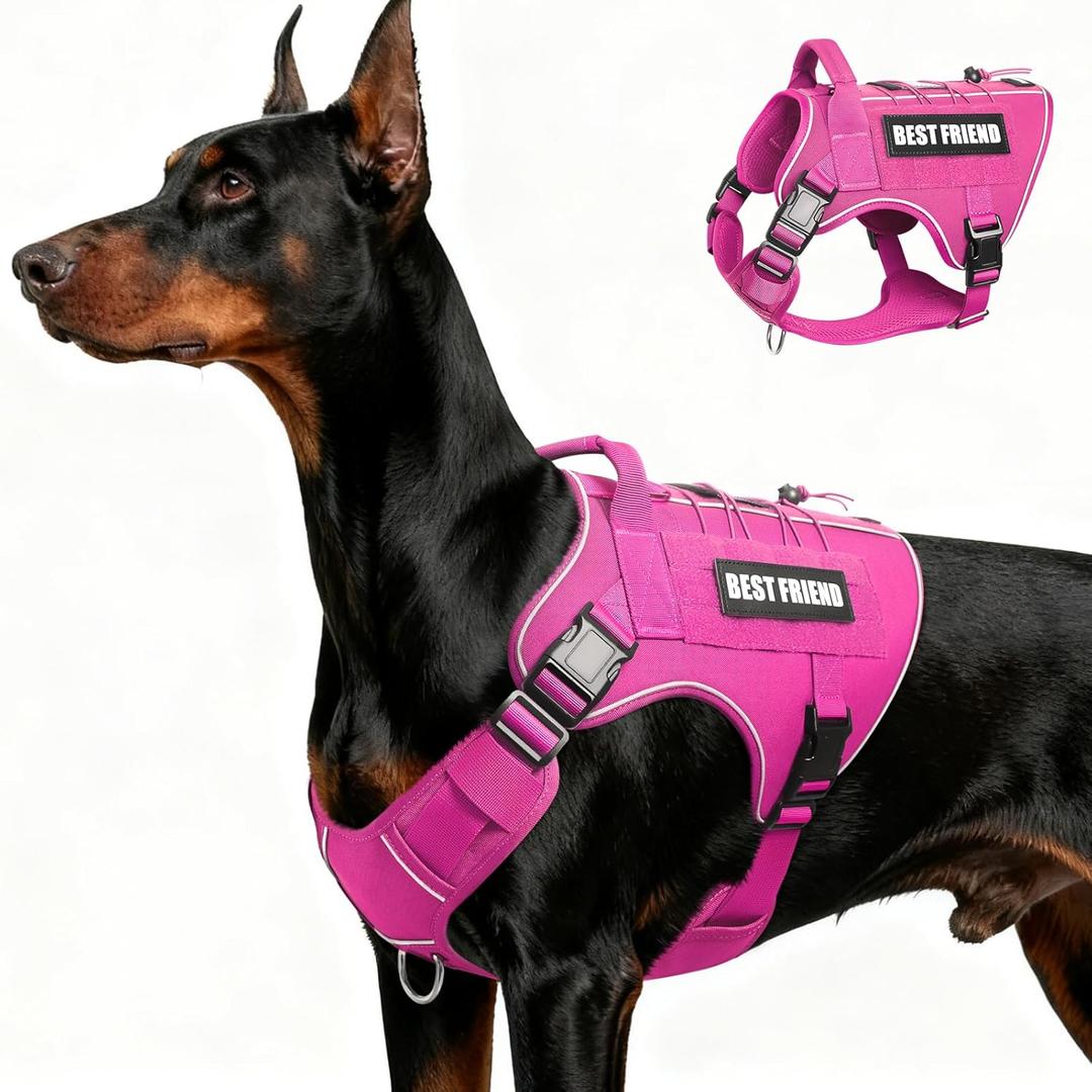 Tactical Dog Harness for Large Dogs,No Pull Military Dog Vest with Handle,Reflective Heavy Duty Pet Harness for Walking Hiking Training Pink, Large