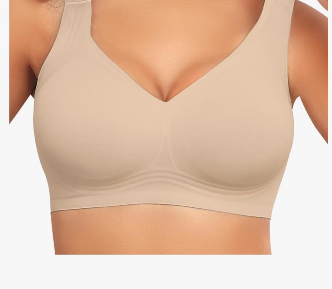 PoseFree Womens Seamless Wireless Supportive Bra Push Up Comfort Soft No Underwire Full Coverage T-Shirt Bra XL Nude
