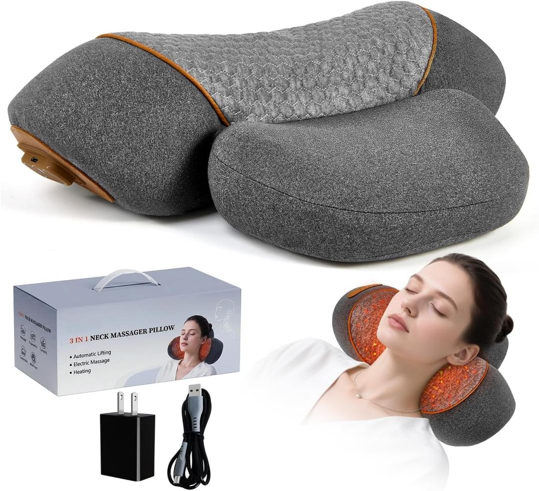 Neck Massager Pillow 3-in-1Rechargeable Neck Massager Pillow with Heat, Vibration & Traction, Deep Tissue Pain Relief, Neck Hump Corrector & Cervical Support for Home Office Travel