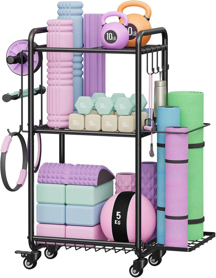 Weight Rack for Home Gym, All in One Yoga Mat Storage Rack, Workout Equipment Storage with Wheels and Hooks for Dumbbells Kettlebells Foam Rollers, Powder Coated Finish Steel
