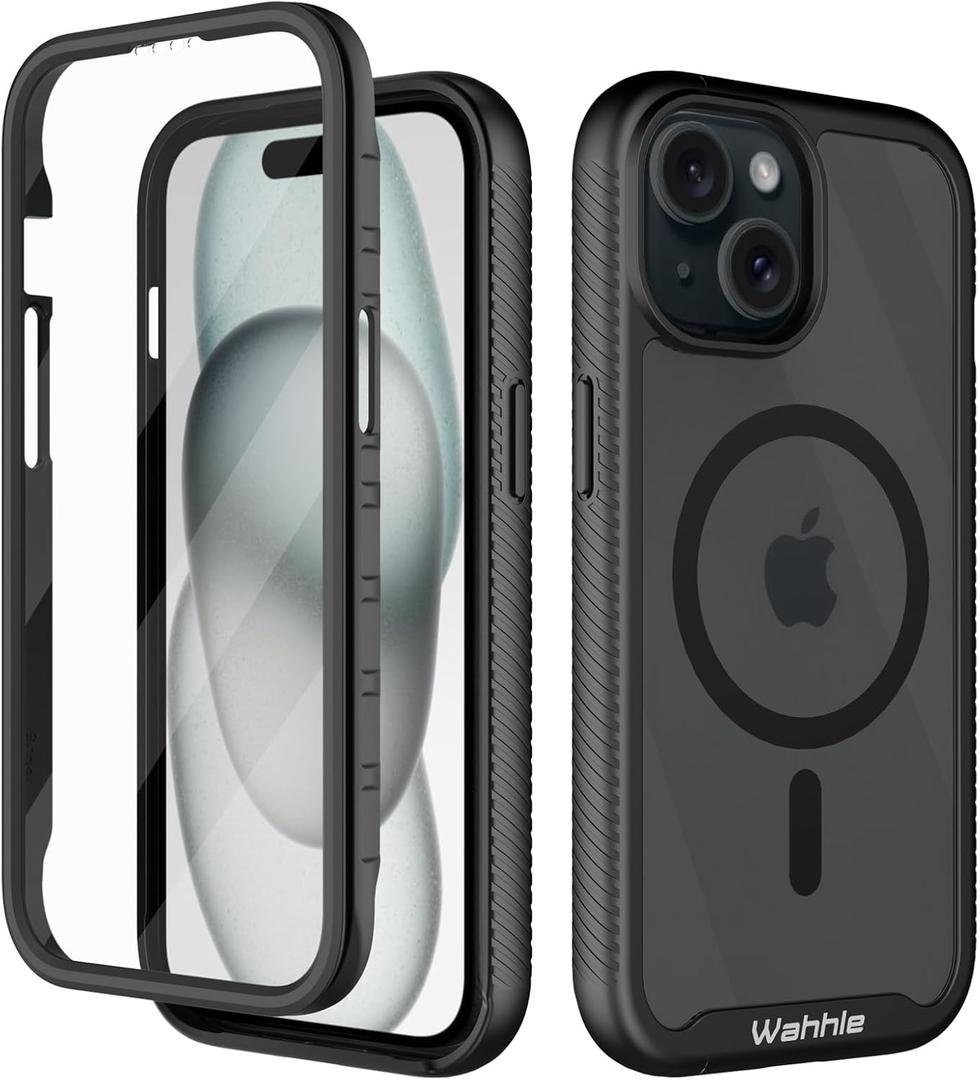 wahhle Compatible with iPhone 15 Case, Magnetic Wireless Charging Built in Screen Protector Full Body Shockproof Slim Fit Bumper Protective Phone Cover 6.1'' Men Women-Black/Clear