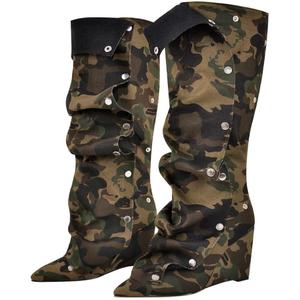 Women's Wedge Heel Knee High Slouchy Foldover Buttons Boots