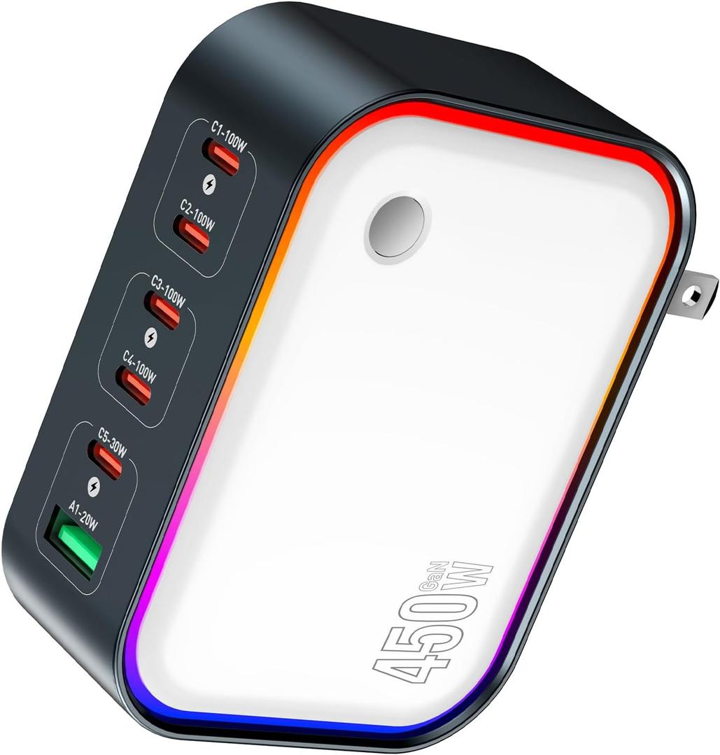 450W 6-Port Foldable GaN USB C Wall Charger, All-in-One Charging Station with Color LED | 100W PD Fast Charging Block for MacBook, iPhone, iPad and More | Ideal for Home,Travel,Office Use