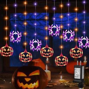 cerflyer Halloween Window Lights,9.85ft 190LED Purple Spider Orange Pumpkin Lights Outdoor Hanging Halloween Curtain String Light 8 Modes for Front Yard Patio Window Party Home Indoor Outside Decor