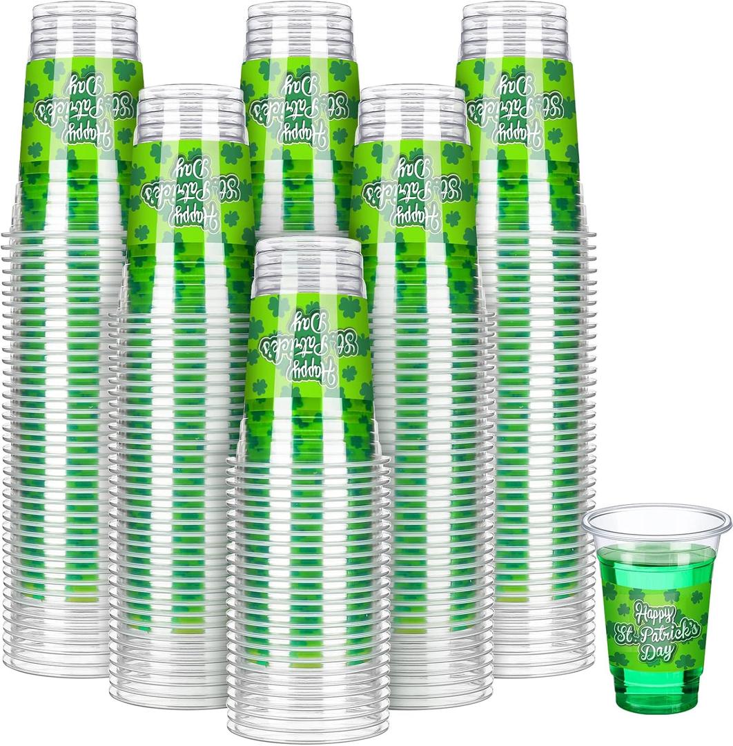 Yinder 200 Pcs 16 oz St Patrick's Day Shamrock Cups Bulk Disposable Clear Green Plastic Drinking Cups for Beverage Ice Cream Beer Snack Irish St Patty's Day Party Decoration Leaf Clover Supply