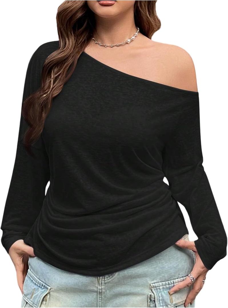 Milumia Women's Plus Size Off The Shoulder Ruched Top Asymmetrical Long Sleeve Loose T Shirts (3X-Large Plus, Black)