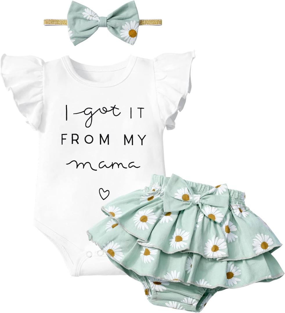 Baby Girl Clothes, Girl Summer Outfit Romper Sets Ruffle Short Sleeve Top+ Shorts+ Bow Hairband 3Pcs Set (Newborn, White+ bluish Green)
