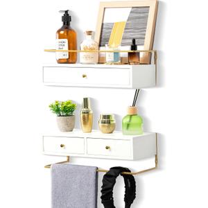 Dreampossible Floating Shelves With Drawers Set of 2, Wall Mounted Bathroom Storage, Rustic Wood Shelves for Bedroom, Living Room, Kitchen, Home Decor, Plants, Books (White)