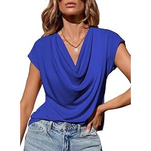 EVALESS Womens Tops Spring Outfits for Women Fashion 2026 Elegant Cowl Neck Short Sleeve T Shirts Blouses for Women Dressy Casual Sexy Off Shoulder Summer Clothes Basic Teacher Shirts, Blue, Size Medium