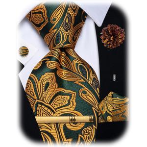 YourTies Silk Tie for Men Paisley Necktie Pocket Square Cufflinks Tie Clip Lapel Pin Brooch Set Wedding Business Party