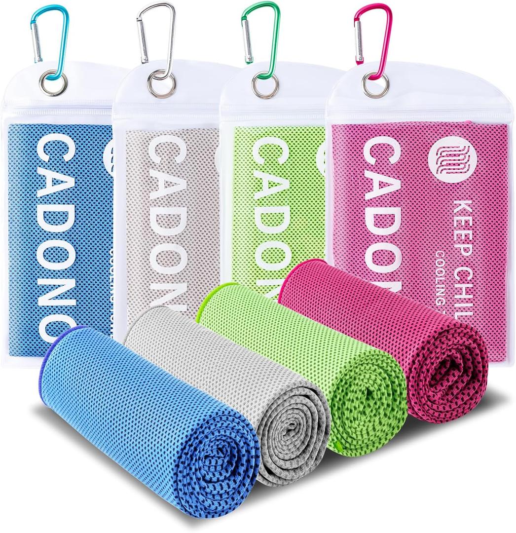 CADONO 4 Pack Cooling Towel (40"x12"), Soft Breathable Chilly Towel, Ice Towel, Microfiber Towel for Yoga, Sport, Running, Workout,Gym, Camping, Fitness, Workout & More Activities(Multicolor) (Light Blue/Green/Pink/Grey)