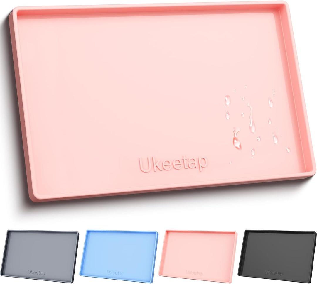 Extra Thick Silicone Mat Waterproof with Raised Edge 19 x 12, BPA Free Non-Slip Dog & Cat Food Mat, Feeding Mat for Food and Water Bowls, Spill Proof Mat to Protect Floors, Pink