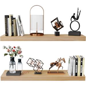 Habudda Floating Shelves for Wall, Bathroom Bedroom Kitchen Book Shelf, Rustic Wooden Home Decor Plant Display, Varnished Natural Solid Wood, Mounted Invisible Bracket, 30" Set of 2 (30"6.7"1.6")