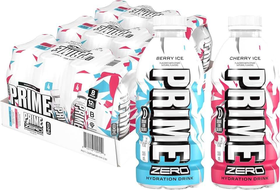 PRIME ZERO BERRY ICE & CHERRY ICE Sugar Free Sports Drinks, Electrolyte Enhanced to Replenish Fluids, B Vitamins, Antioxidants, Low Calorie, Made with Natural Flavors, 12 Fl Oz 24 Pack (BB DATE: 5/2027)