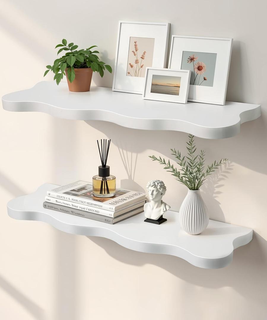 White Floating Shelves for Wall Mounted Shelf for Living Room Bedroom Bathroom Office 24 Inch Decorative Shelving Modern Pine Solid Wood Wave Live Edge Set of 2 Home Display Storage Organizer