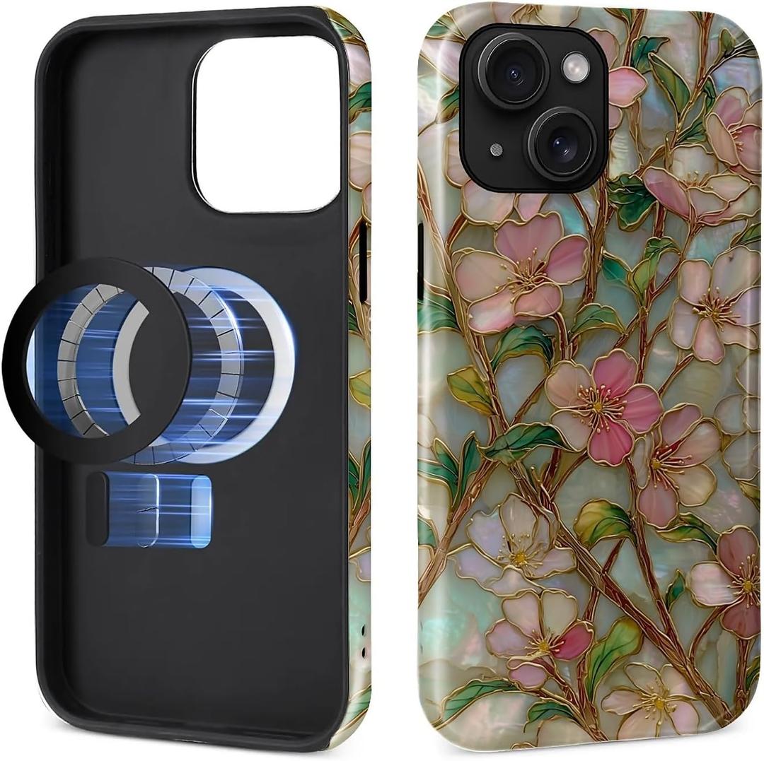 Magnetic Case for iPhone 15 Design,Compatible with MagSafe,Slim Protective Soft TPU Bumper Phone Cover Women Girls Case for iPhone 15-Wildflower Stained Glass Garden
