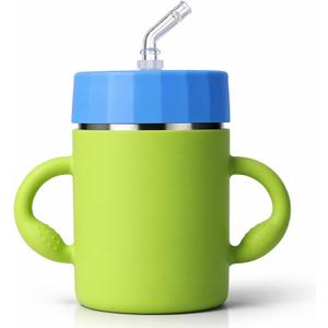 BUSOHA Kids Insulation Stainless Steel Tumbler - Kids Water Bottle with Handle Spill Proof Flexible Straw Sippy Cup Stainless Steel Training Cup for Picnic,Travel,12oz,Green