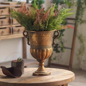 Vintage Gold Urn Planter with Embossed Pattern, American Style chalice planter Flower Pot, Distressed Classic Plant Pot for Tables Fireplace Mantel Decor Indoor Home Garden Patio Front Porch Entrywa