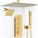 Enga Thermostatic Dual Head Shower System - 16"+6" Ceiling & Wall Mount Rainfall Showerheads, All Functions Simultaneous & Adjustable Volume, Brushed Gold